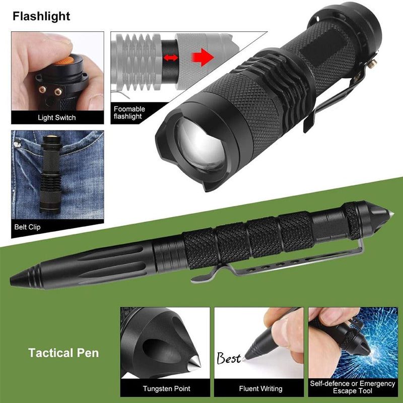 Military-grade outdoor travel survival kit with mini camping tools, emergency bracelet, whistle, blanket and knife. V.I.P Digital Presence The Snag Bin