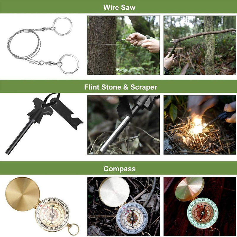 Military-grade outdoor travel survival kit with mini camping tools, emergency bracelet, whistle, blanket and knife. V.I.P Digital Presence The Snag Bin
