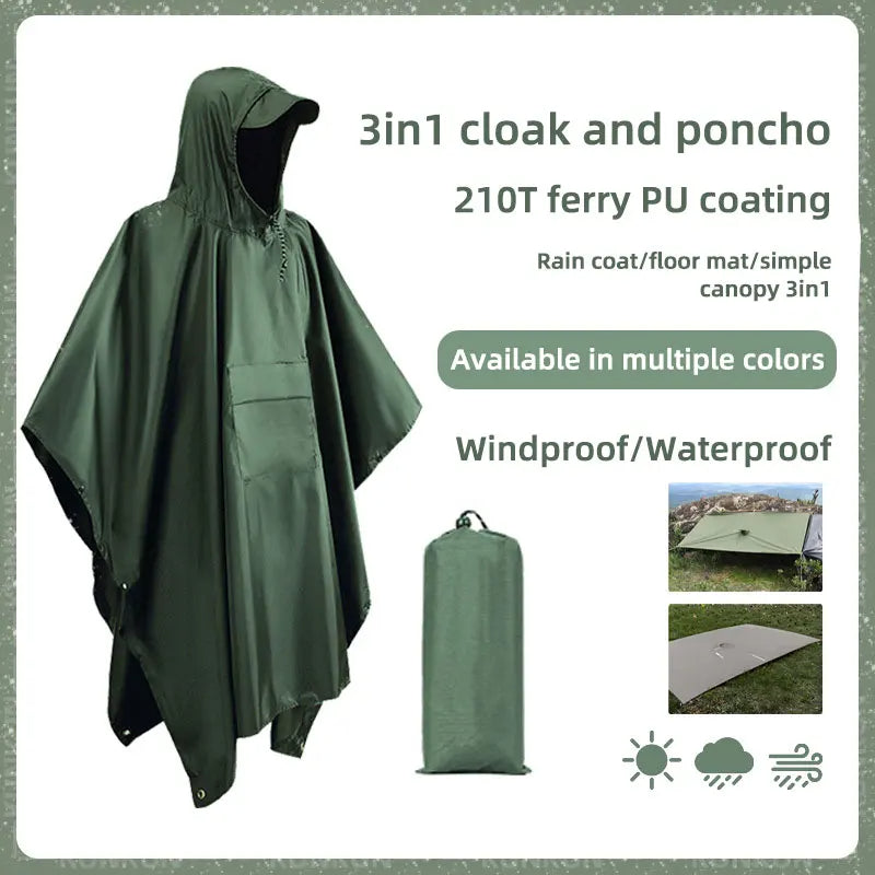 3 In 1 Outdoor Military Raincoat Hooded Sleeve Waterproof Rain Poncho Motorcycle Rain Cover Camping Hiking Travel Rainwear Tent V.I.P Digital Presence The Snag Bin