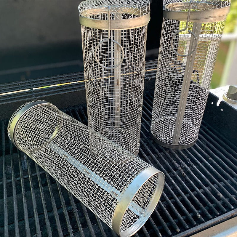 Rolling Grilling Basket Metal BBQ Barbecue Basket Net Portable Outdoor Camping Barbecue Rack Kitchen Gadgets V.I.P Digital Presence The Snag Bin