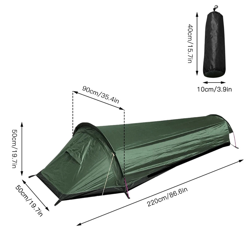 Camping Single Person Tent Ultralight Compact Outdoor Sleeping Bag Tent Larger Space Waterproof Backpacking Tent Cover Hiking V.I.P Digital Presence The Snag Bin