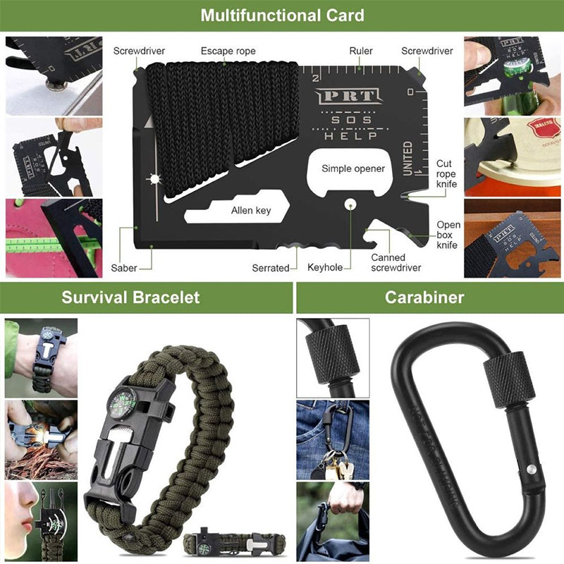 Military-grade outdoor travel survival kit with mini camping tools, emergency bracelet, whistle, blanket and knife. V.I.P Digital Presence The Snag Bin