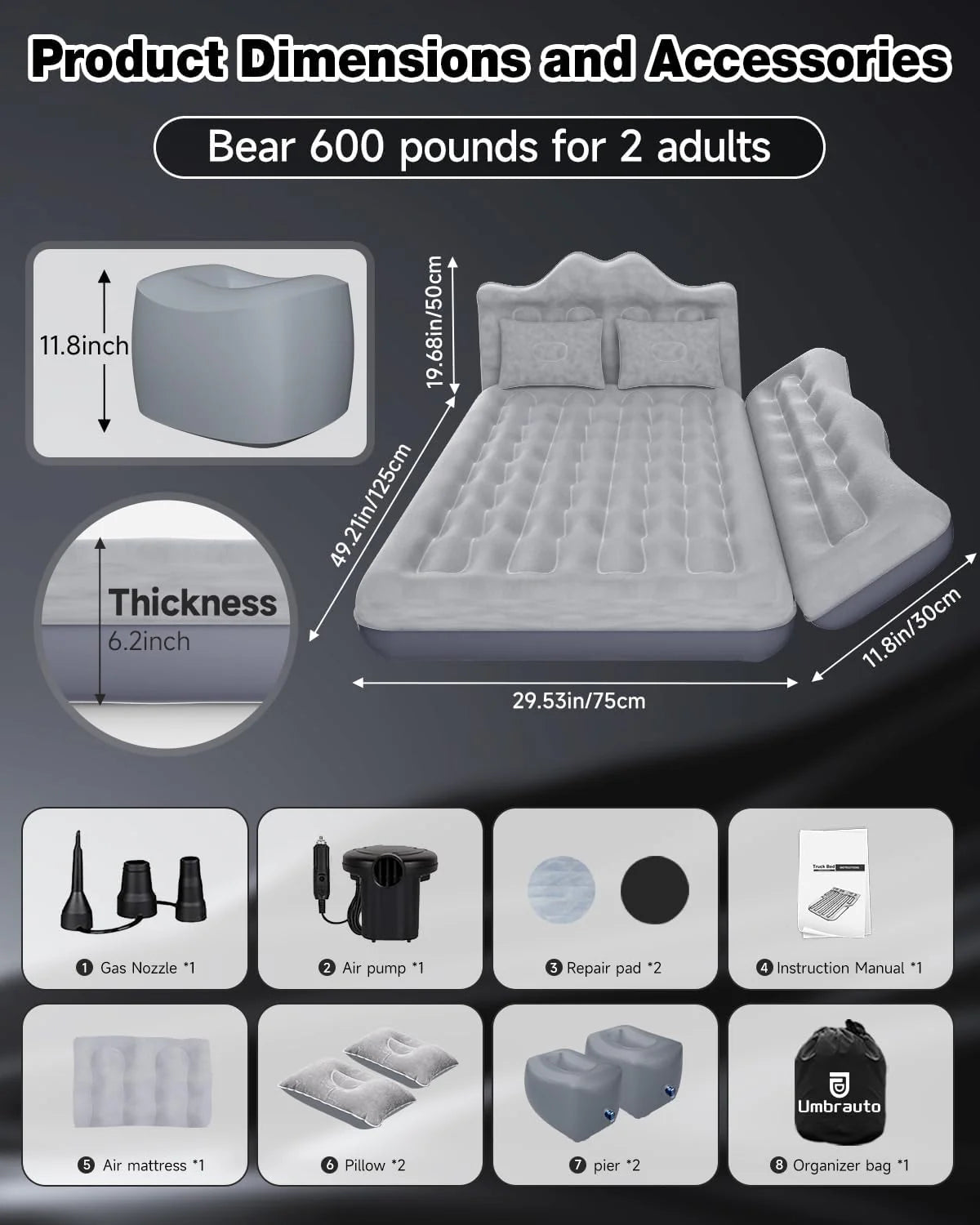 Umbrauto 29.53in/75cm Wide Car Air Mattress – Inflatable SUV, Truck & Van Back Seat Camping Bed with Pump & Pillows, Gray V.I.P Digital Presence The Snag Bin