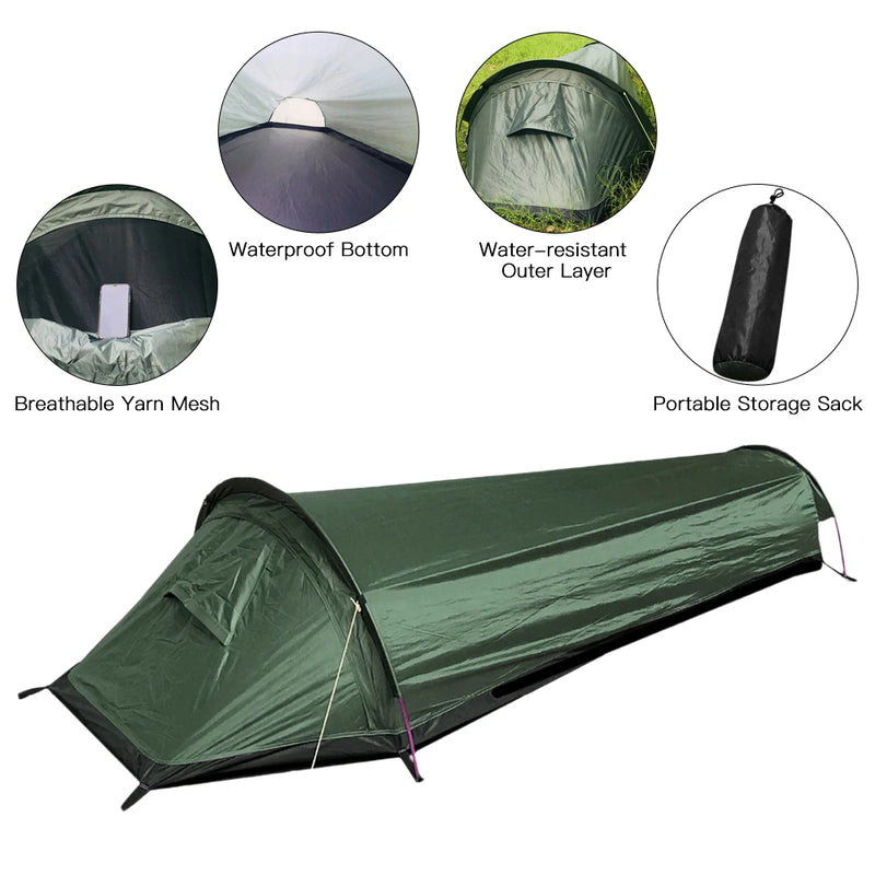 Camping Single Person Tent Ultralight Compact Outdoor Sleeping Bag Tent Larger Space Waterproof Backpacking Tent Cover Hiking V.I.P Digital Presence The Snag Bin