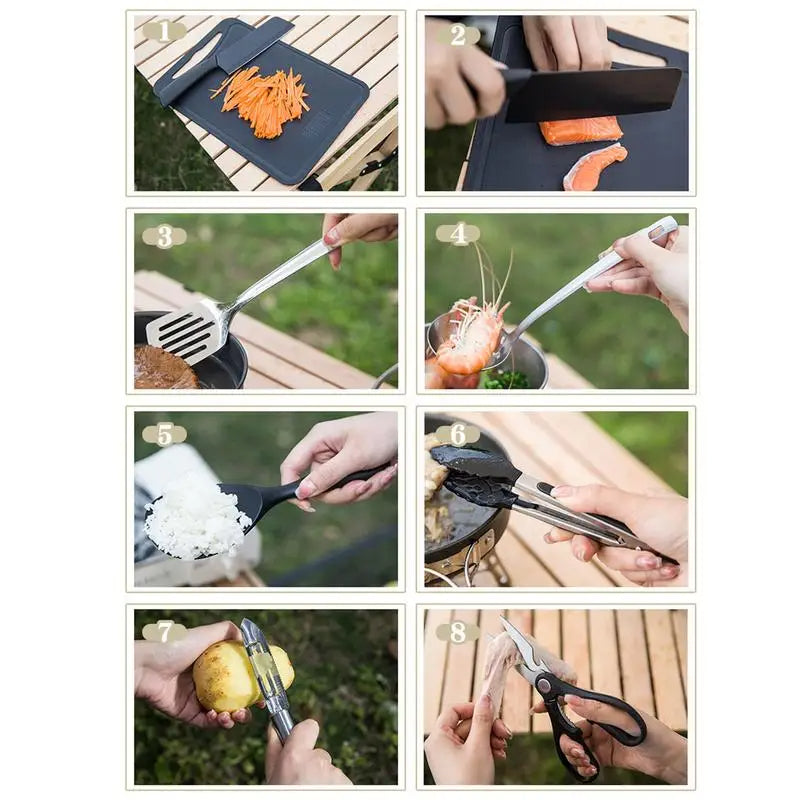 Camping Kitchen Set 8pcs Camping Outdoor Cookware Kit Stainless Steel Camping Tool Travel Set And Utensil Organizer Storage bag V.I.P Digital Presence The Snag Bin