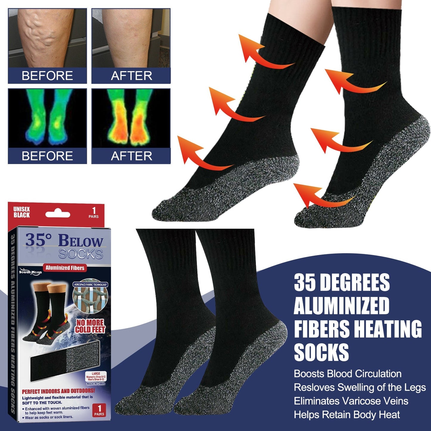 35 Degrees Aluminized Fibers Heating Socks, Relieve Vein Spontaneous Heat Constant Temperature Comfortable Warm Foot Cold Protection Socks V.I.P Digital Presence The Snag Bin