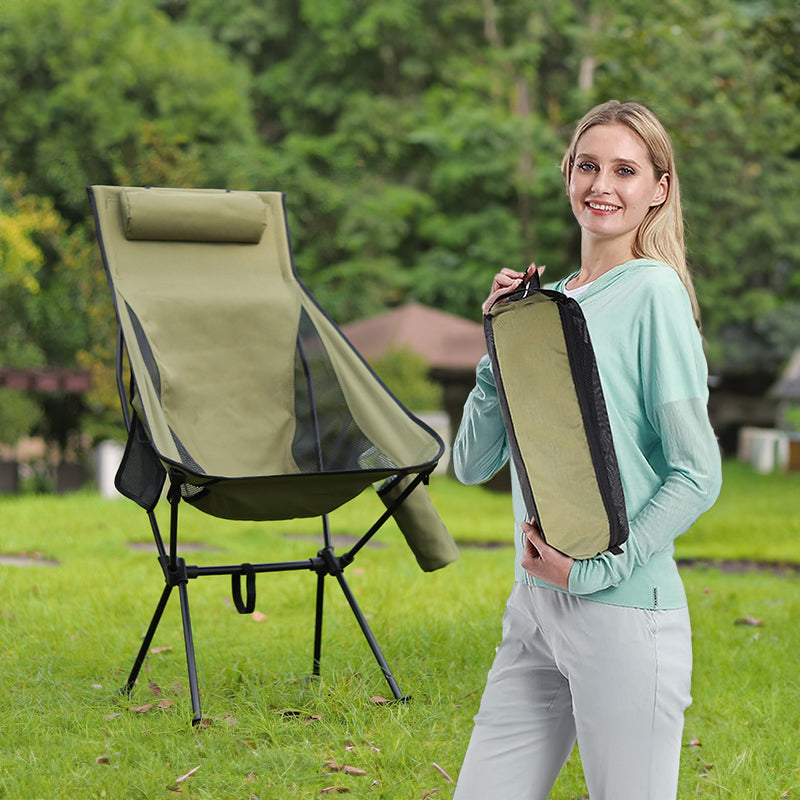 Folding camping chair with headrest. Lightweight, aluminum alloy, for travel and fishing. Outdoor furniture. V.I.P Digital Presence The Snag Bin
