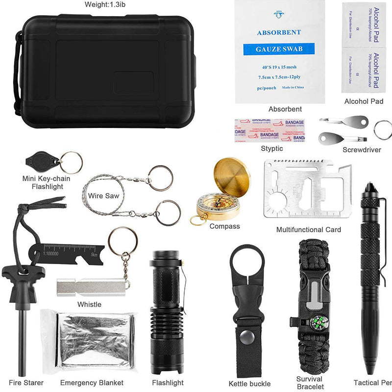 Military-grade outdoor travel survival kit with mini camping tools, emergency bracelet, whistle, blanket and knife. V.I.P Digital Presence The Snag Bin