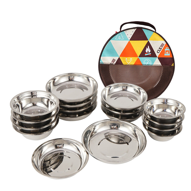 Outdoor Stainless Steel Dinner Plate 17 Pcs Camping Barbecue Tableware Portable Self Driving Barbecue Plate Soup Pot Bowl Set V.I.P Digital Presence 52.56 The Snag Bin