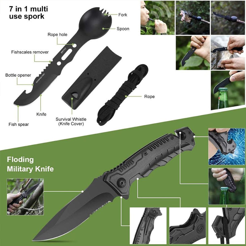 Military-grade outdoor travel survival kit with mini camping tools, emergency bracelet, whistle, blanket and knife. V.I.P Digital Presence The Snag Bin