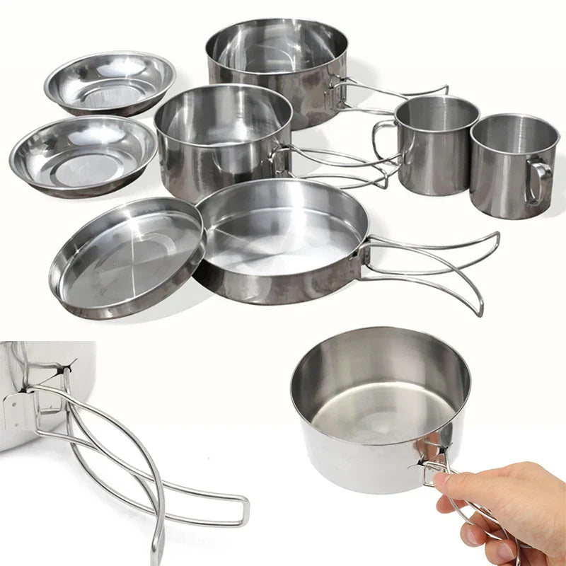 Mayitr 8Pcs Stainless Steel Outdoor Camping Picnic Pot Pan Kit Camping Backpacking Hiking Cookware Set High quality V.I.P Digital Presence The Snag Bin