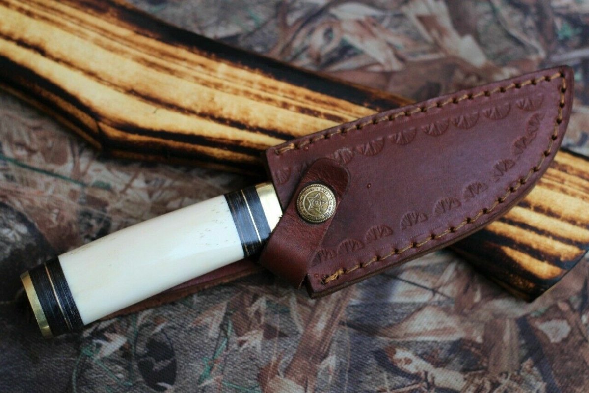 Custom Handmade Damascus Camping Knife with Camel Bone Handle - The Snag Bin