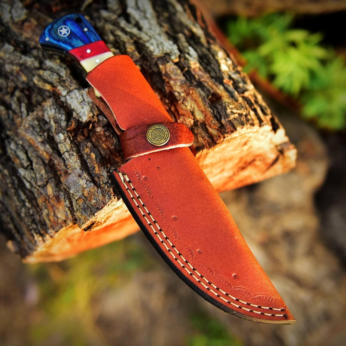 Custom Handmade Damascus Skinning Knife with American Flag Handle - The Snag Bin