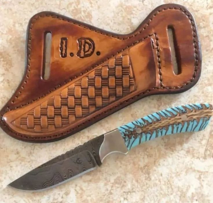Custom Handmade Damascus Steel Belt Knife with Resin Handle & Leather Sheath - The Snag Bin