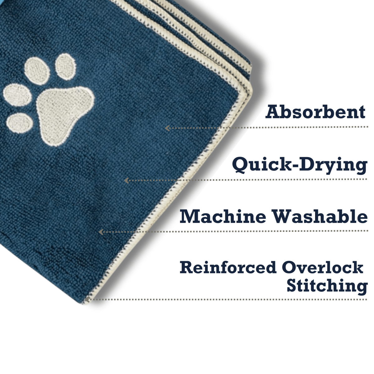Large Marine Blue Microfiber Dog Bath Towel with Embroidered Paw Print - The Snag Bin