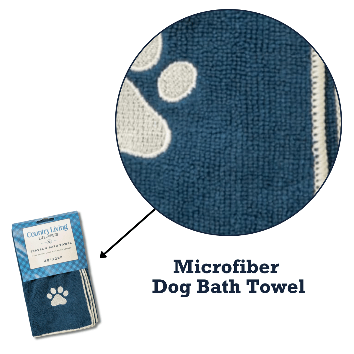 Large Marine Blue Microfiber Dog Bath Towel with Embroidered Paw Print - The Snag Bin