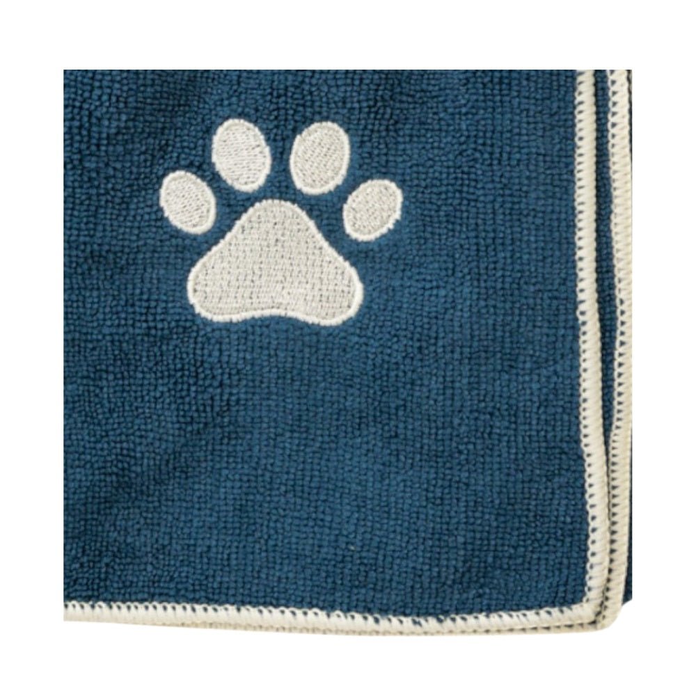 Large Marine Blue Microfiber Dog Bath Towel with Embroidered Paw Print - The Snag Bin