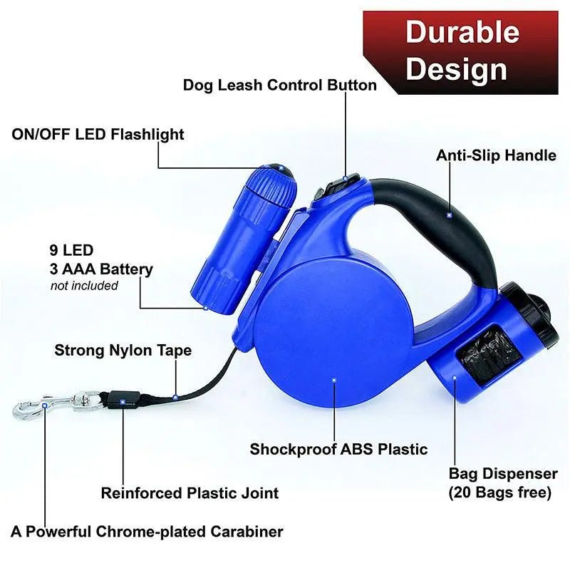 Nightwalk 4.5M Led Light And Waste Bag Dispenser Retractable Dog Leash - The Snag Bin