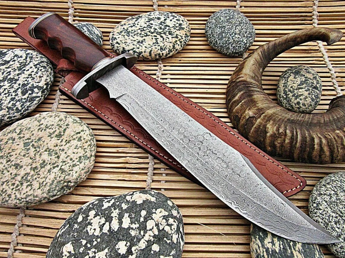Original 17" Antique Damascus Steel Bowie Knife β Rosewood Handle & Damascus Steel Guard with Leather Sheath - The Snag Bin