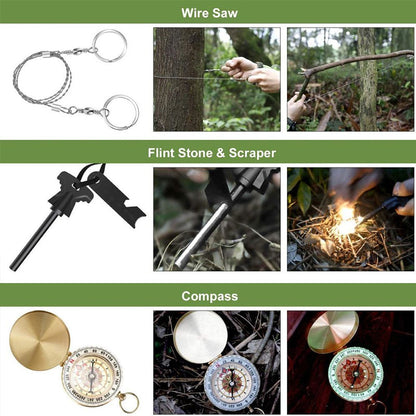 Military-grade outdoor travel survival kit with mini camping tools, emergency bracelet, whistle, blanket and knife. V.I.P Digital Presence   The Snag Bin