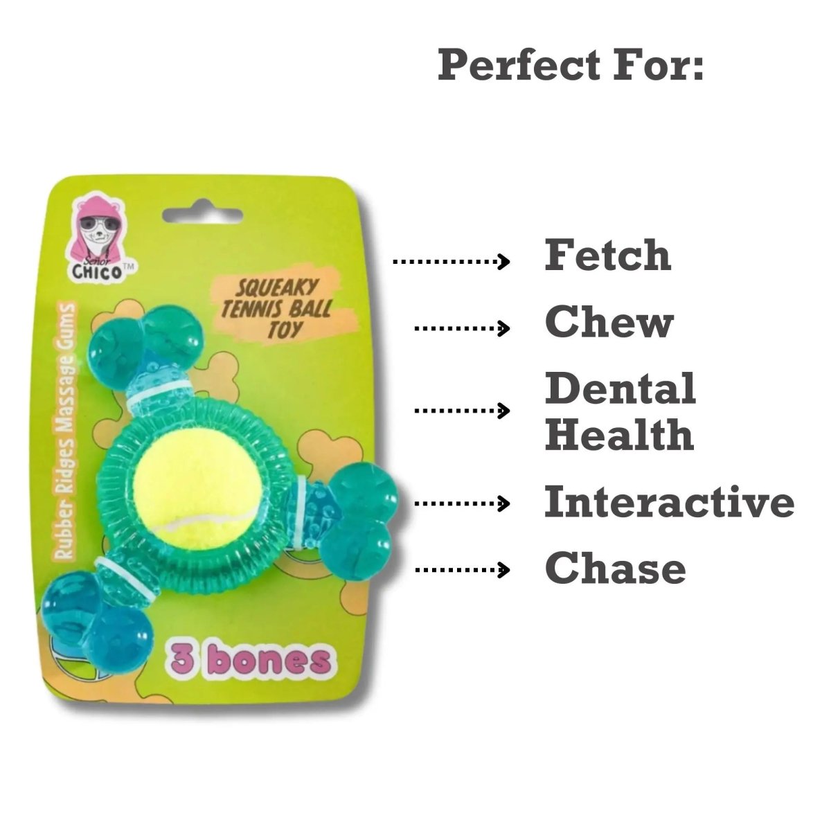 3 - Bone TPR Chew Toy with Squeaker & Tennis Ball for Dogs - The Snag Bin