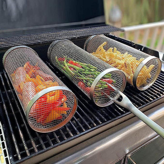 Rolling Grilling Basket Metal BBQ Barbecue Basket Net Portable Outdoor Camping Barbecue Rack Kitchen Gadgets V.I.P Digital Presence   The Snag Bin