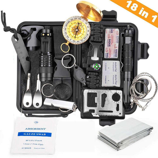 Military-grade outdoor travel survival kit with mini camping tools, emergency bracelet, whistle, blanket and knife. V.I.P Digital Presence  35.12 The Snag Bin