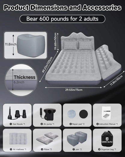 Umbrauto 29.53in/75cm Wide Car Air Mattress – Inflatable SUV, Truck & Van Back Seat Camping Bed with Pump & Pillows, Gray V.I.P Digital Presence   The Snag Bin
