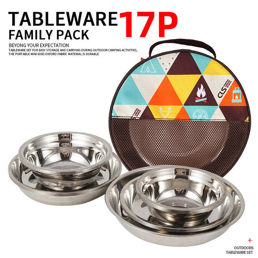 Outdoor Stainless Steel Dinner Plate 17 Pcs Camping Barbecue Tableware Portable Self Driving Barbecue Plate Soup Pot Bowl Set V.I.P Digital Presence   The Snag Bin