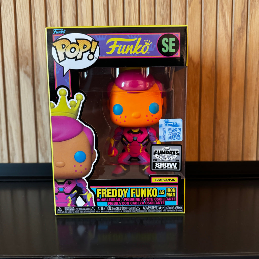 Funko Fundays Experience 2025: Pop! Originals MARVEL Freddy Funko as Iron Man (Blacklight) LE500