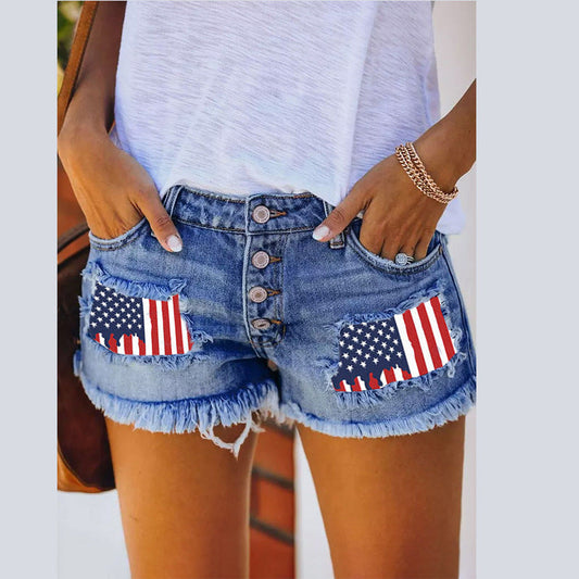 European And American Leisure Ripped Print Patch Tassel Denim Straight Shorts Female O1CN011wWFdM29pBVxIRBFP__2210957298116-0-cib