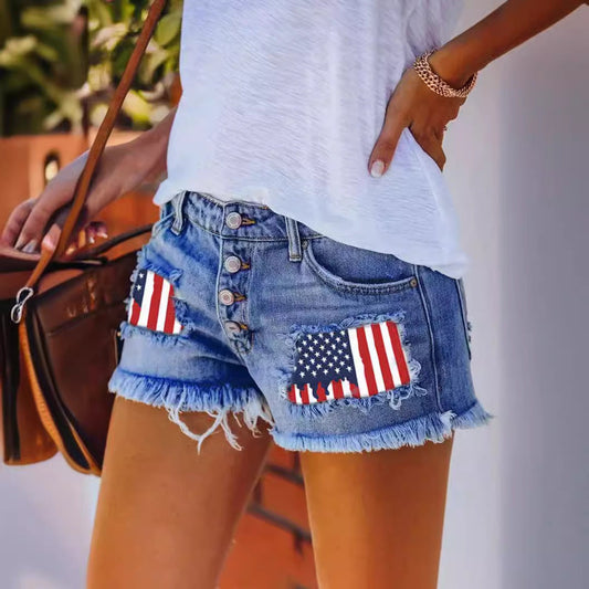 European And American Leisure Ripped Print Patch Tassel Denim Straight Shorts Female O1CN01hUcy8q29pBVvBWw60__2210957298116-0-cib