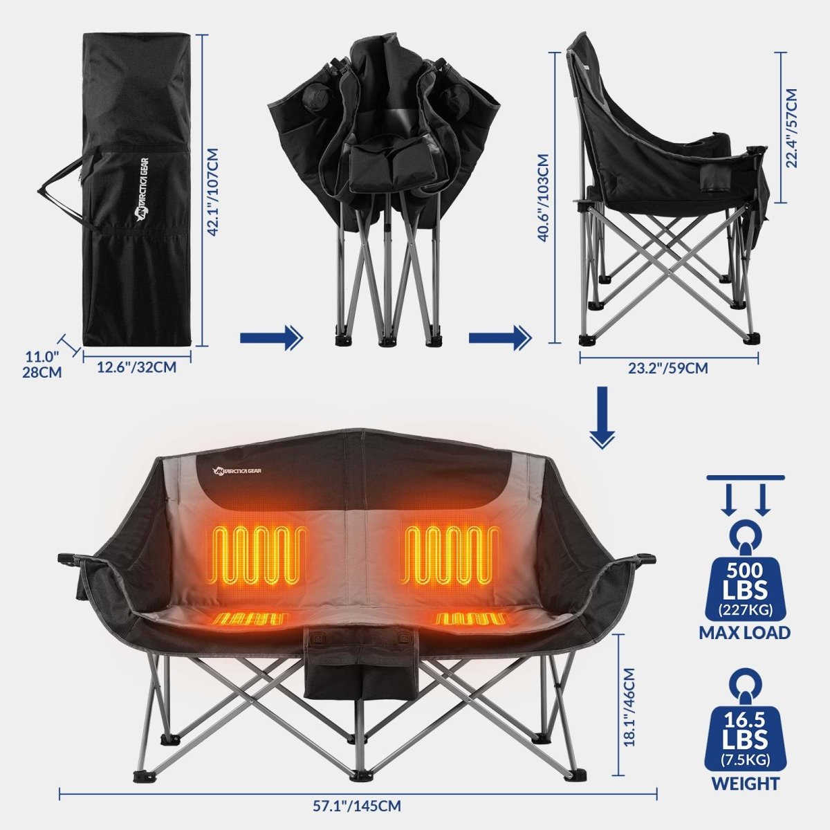 ANTARCTICA GEAR Heated Double Camping Chair, 2 - Person Folding Chair Heated Portable Loveseat Chair - The Snag Bin