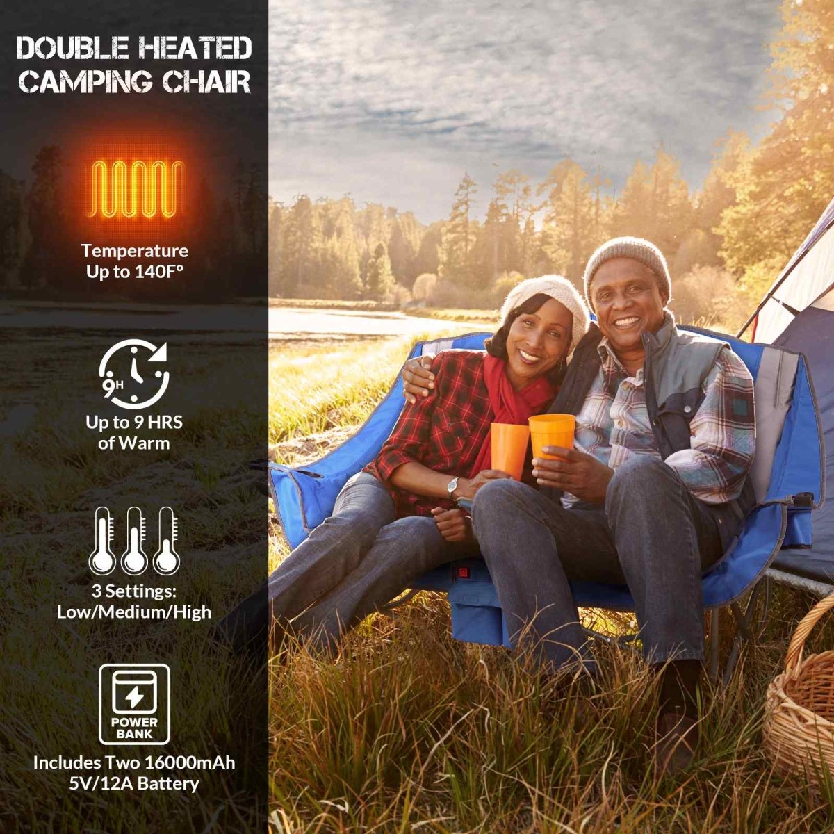 ANTARCTICA GEAR Heated Double Camping Chair, 2 - Person Folding Chair Heated Portable Loveseat Chair - The Snag Bin