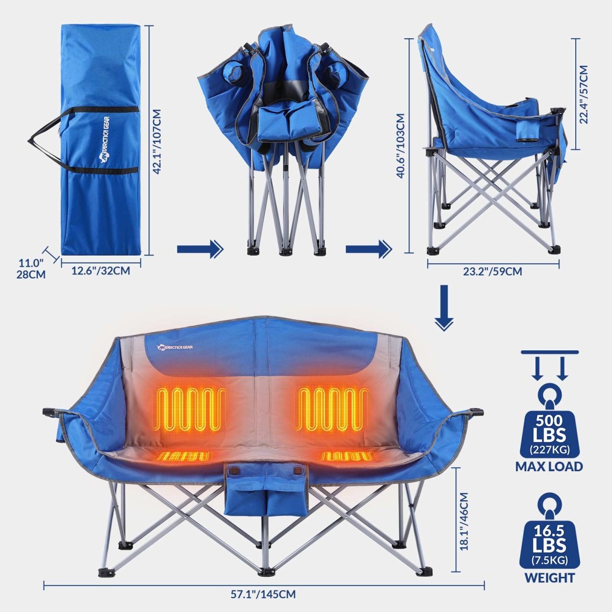 ANTARCTICA GEAR Heated Double Camping Chair, 2 - Person Folding Chair Heated Portable Loveseat Chair - The Snag Bin