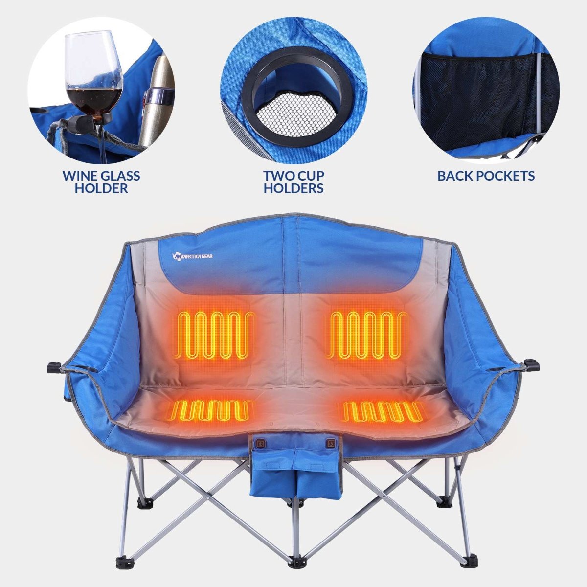 ANTARCTICA GEAR Heated Double Camping Chair, 2 - Person Folding Chair Heated Portable Loveseat Chair - The Snag Bin