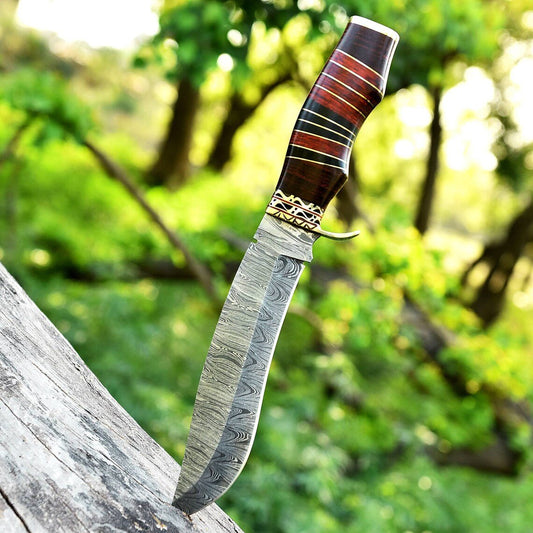 Antique 13" Damascus Steel Bowie Knife – Brass Guard and Pakkawood Handle with Leather Sheath - The Snag Bin