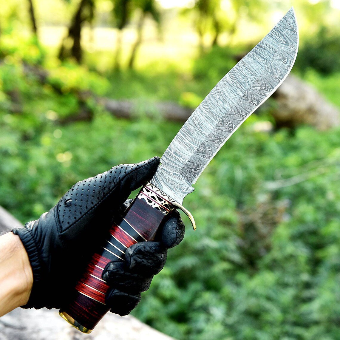Antique 13" Damascus Steel Bowie Knife – Brass Guard and Pakkawood Handle with Leather Sheath - The Snag Bin