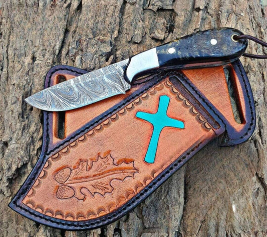 Cowboy Bull Cutter Knives – 4.5" Damascus Steel Blade with Sheep Horn Handle - The Snag Bin