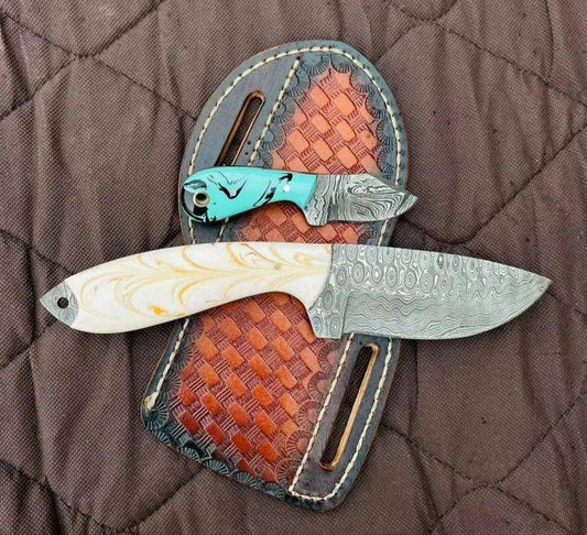 Cowboy Bull Cutter Knives - Custom Handmade Damascus Steel Blade with Resin Handle - The Snag Bin