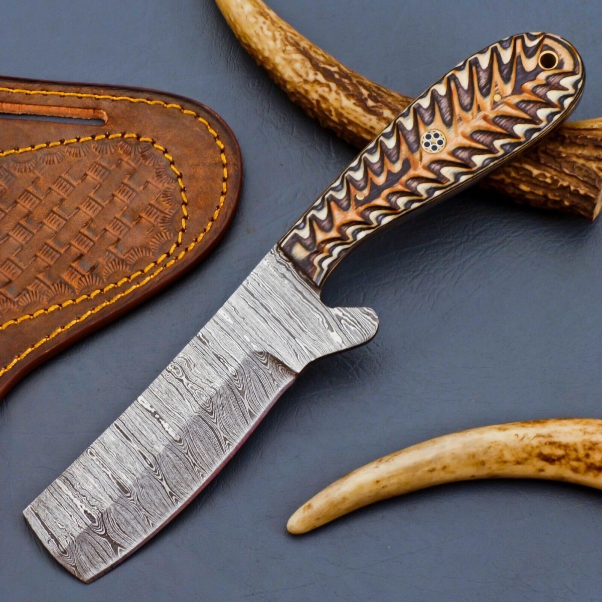 Cowboy Bull Cutter Knives – Handmade Damascus Steel with Pakka Wood Handle & Leather Sheath - The Snag Bin