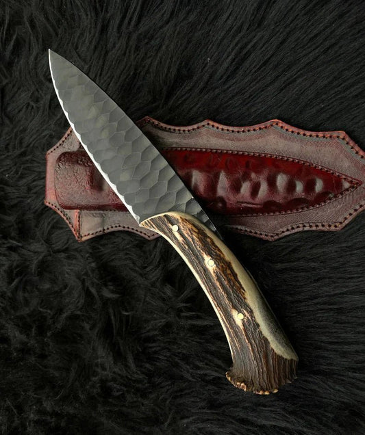 Custom Forged 1095 High Carbon Steel Hunting Knife – 12” Antler Horn Handle with Leather Sheath - The Snag Bin