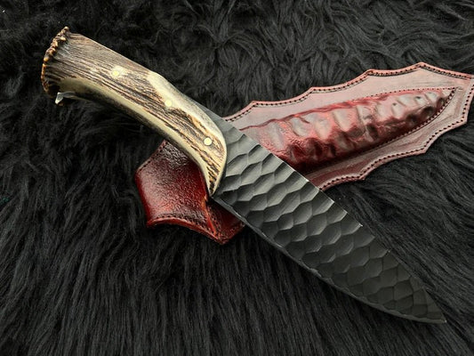 Custom Forged 1095 High Carbon Steel Hunting Knife – 12” Antler Horn Handle with Leather Sheath - The Snag Bin