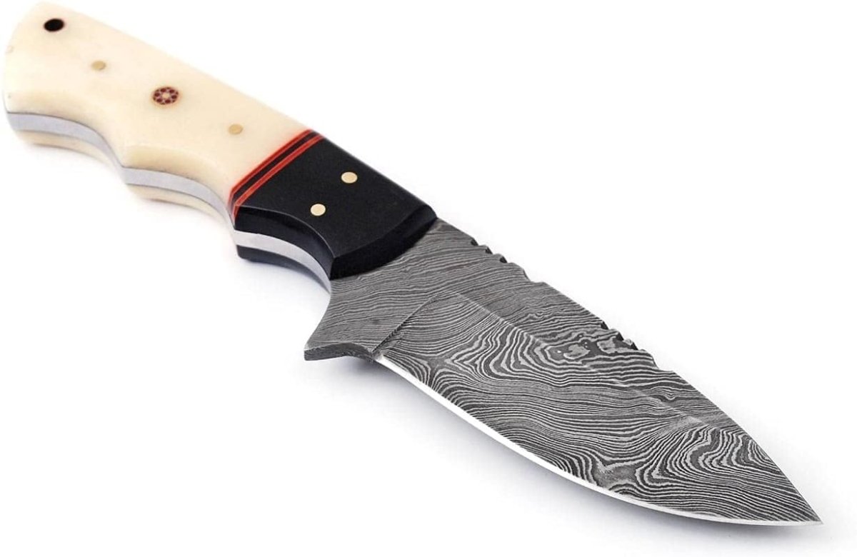 Custom Handmade 4.5" Damascus Steel Skinning Knife – Buffalo Horn and Camel Bone Handle - The Snag Bin