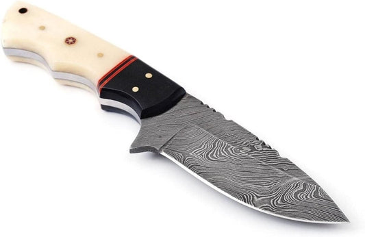 Custom Handmade 4.5" Damascus Steel Skinning Knife – Buffalo Horn and Camel Bone Handle - The Snag Bin