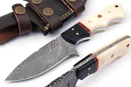 Custom Handmade 4.5" Damascus Steel Skinning Knife – Buffalo Horn and Camel Bone Handle - The Snag Bin