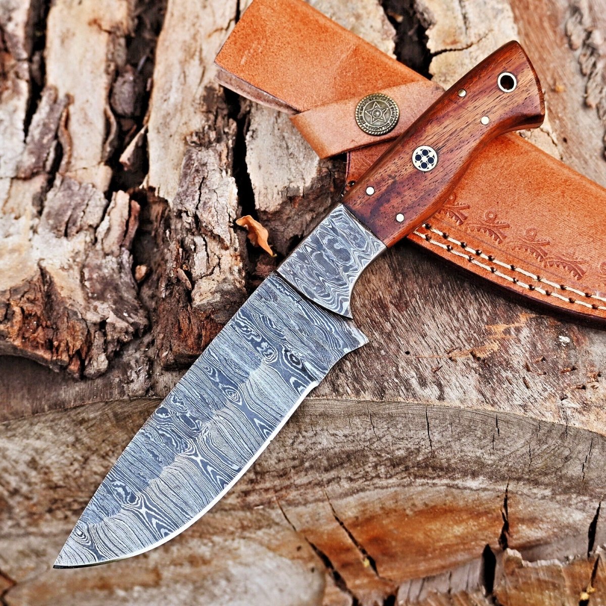 Custom Handmade 5 - Inch Damascus Skinning Knife with Rosewood Handle - The Snag Bin