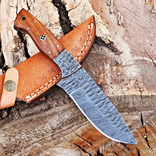 Custom Handmade 5 - Inch Damascus Skinning Knife with Rosewood Handle - The Snag Bin