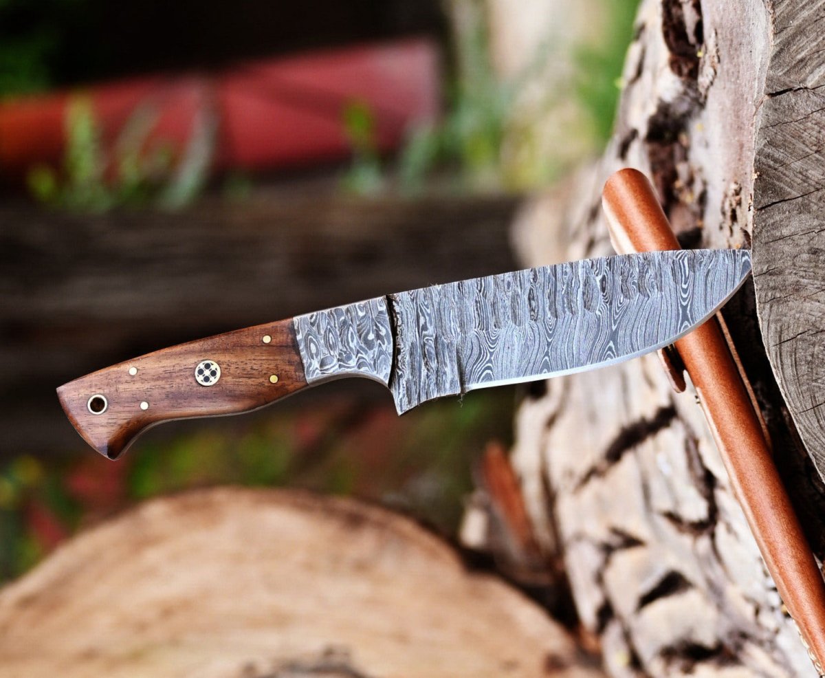 Custom Handmade 5 - Inch Damascus Skinning Knife with Rosewood Handle - The Snag Bin