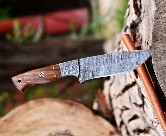 Custom Handmade 5 - Inch Damascus Skinning Knife with Rosewood Handle - The Snag Bin